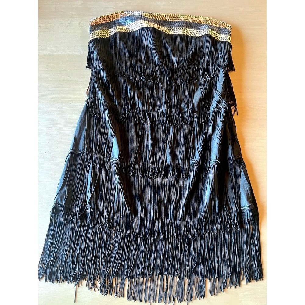 Women's Black Fringe Strapless Dress XS S Festival Flapper Cabaret Sequins Dance